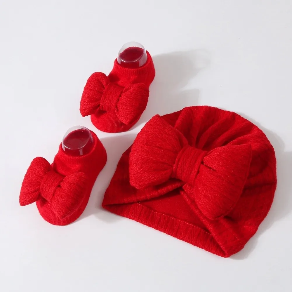 Cotton Knit Baby Hat Socks Set Big Bowknot 0-12 Months Baby Bow Fetal Cap Warm Elastic Newborn Turban Hat Baby