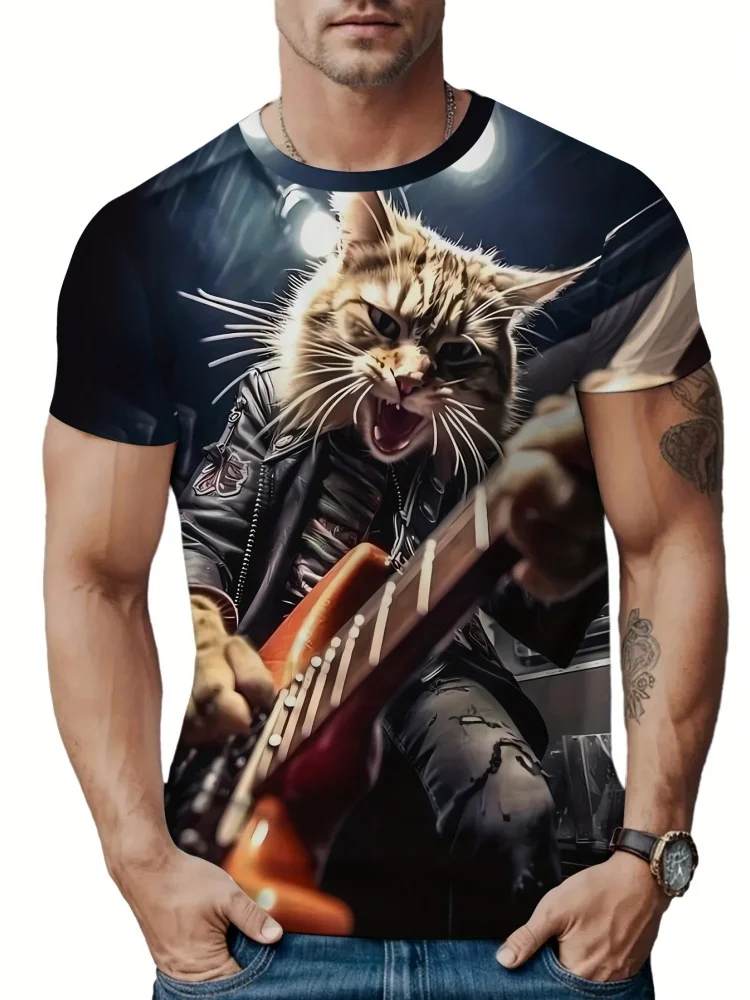 Men's 3D Animal Rock Cat Printed T-Shirt Summer Fashion Casual Outdoor ...