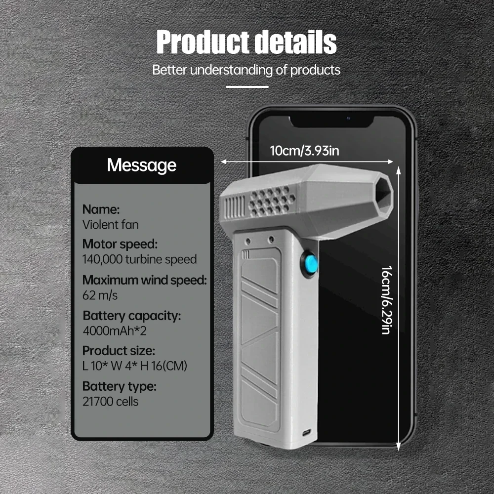 Turbo Jet Fan Mini 140000RPM Brushless Motor Adjustable Wind Speed Handheld Duct with Power Display