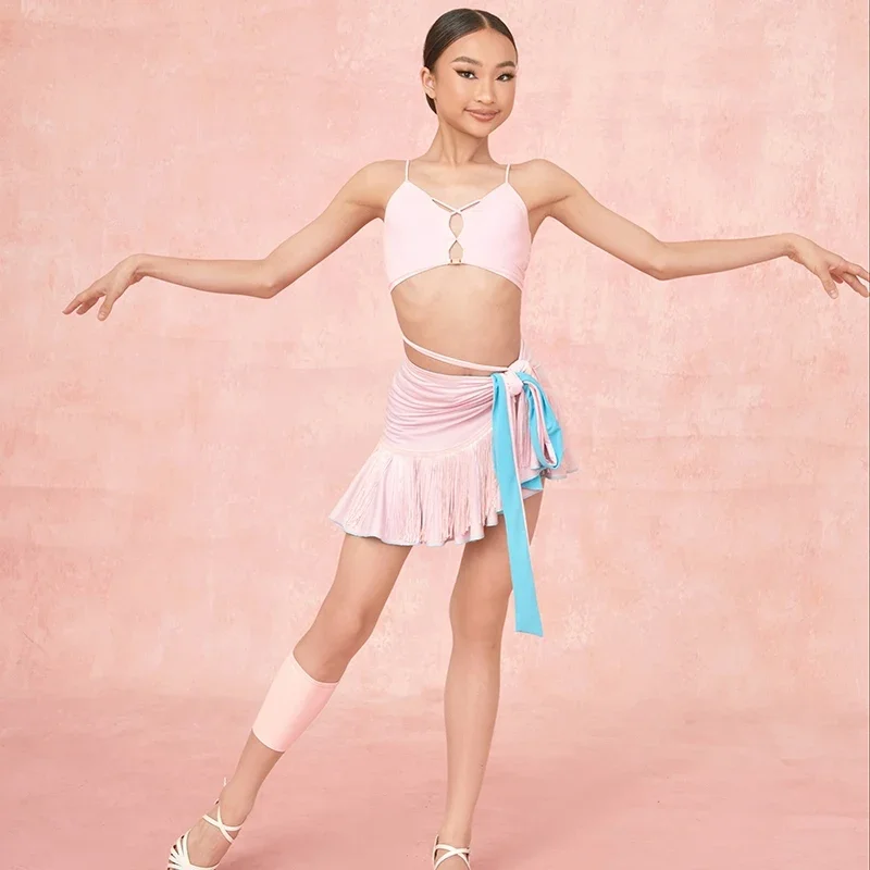 New Latin Dance Black Pink Leopard Fringe Skirt Girls Tassel Hip