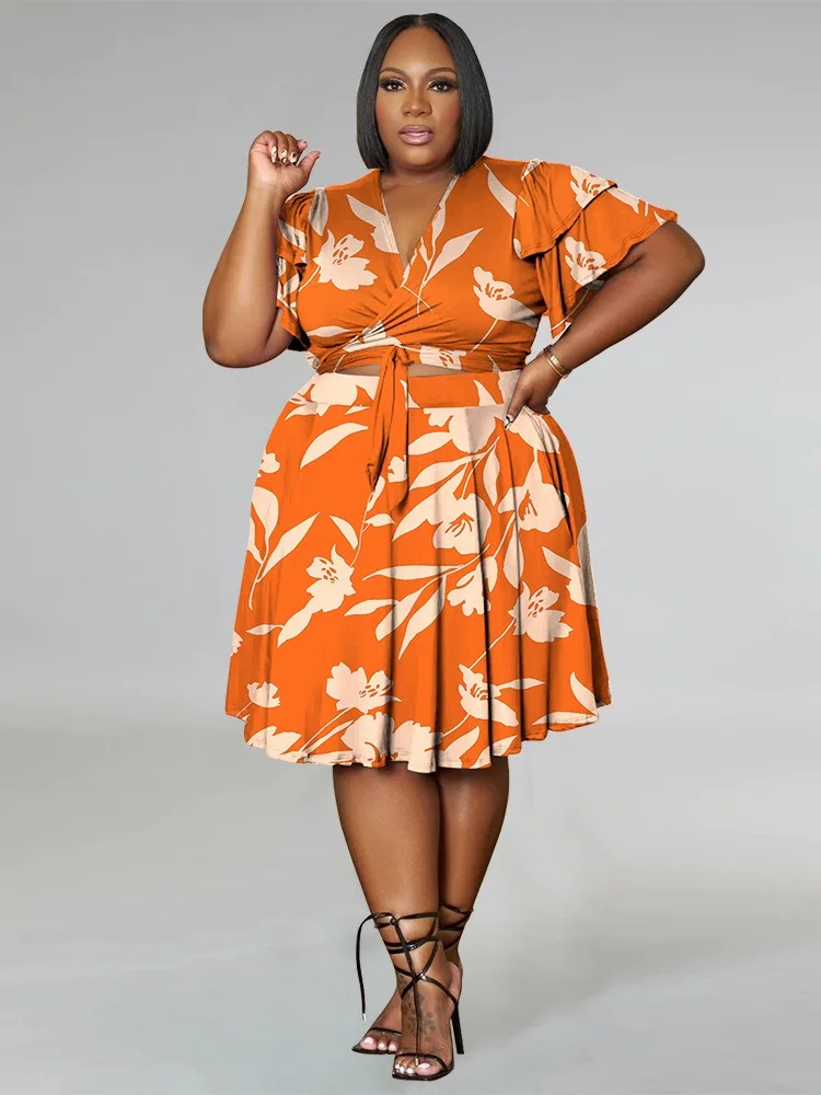 Wmstar Plus Size Shorts Sets Casual V Neck  Crop Top and Short Skirts Two Piece Women Matching Outfits Wholesale Dropshipping