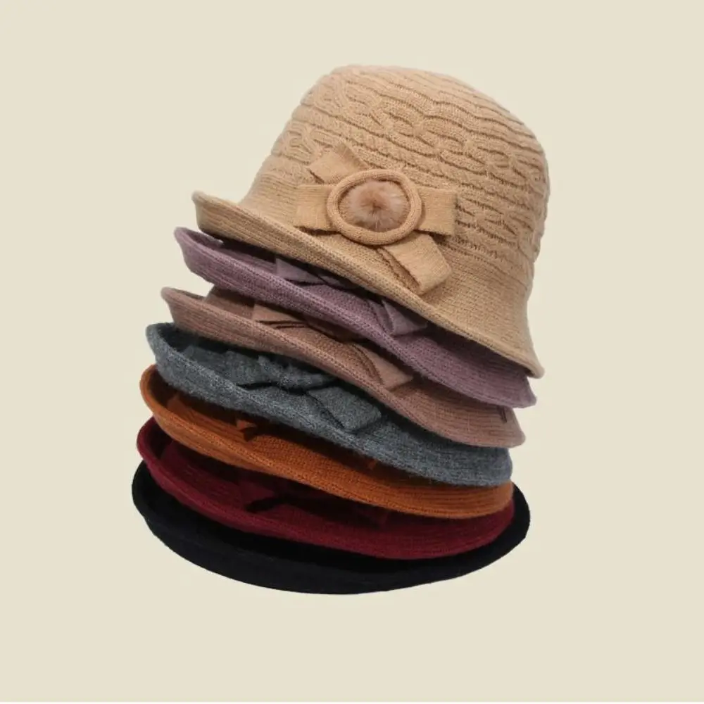 

Woolen Casual Basin Hat Retro Autumn Winter Hairy Ball Bow Elderly Fisherman Hat Soild Color Dome Hat