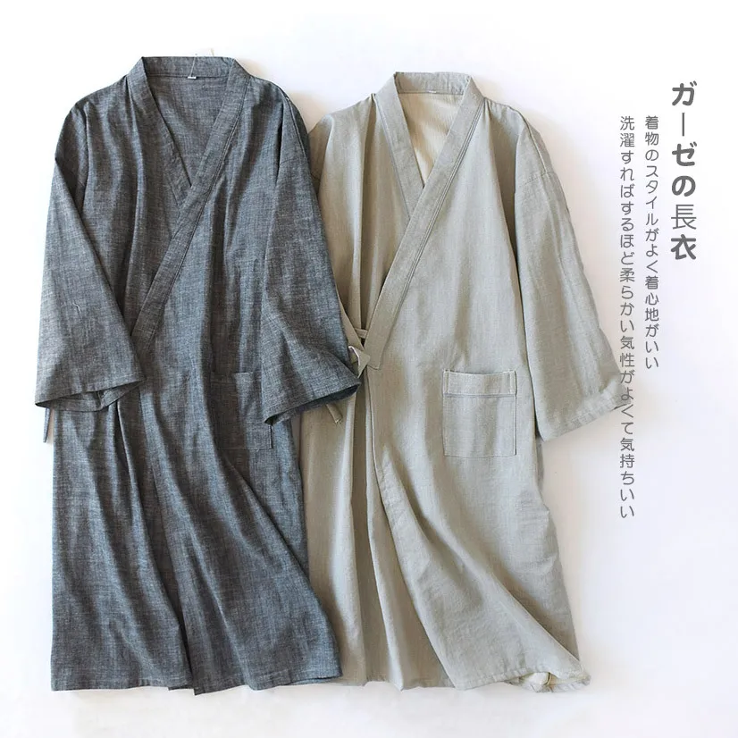 Men Cotton Linen Kimono Pajamas Robe Nightgown Japanese Bathrobe One Piece Tracksuit