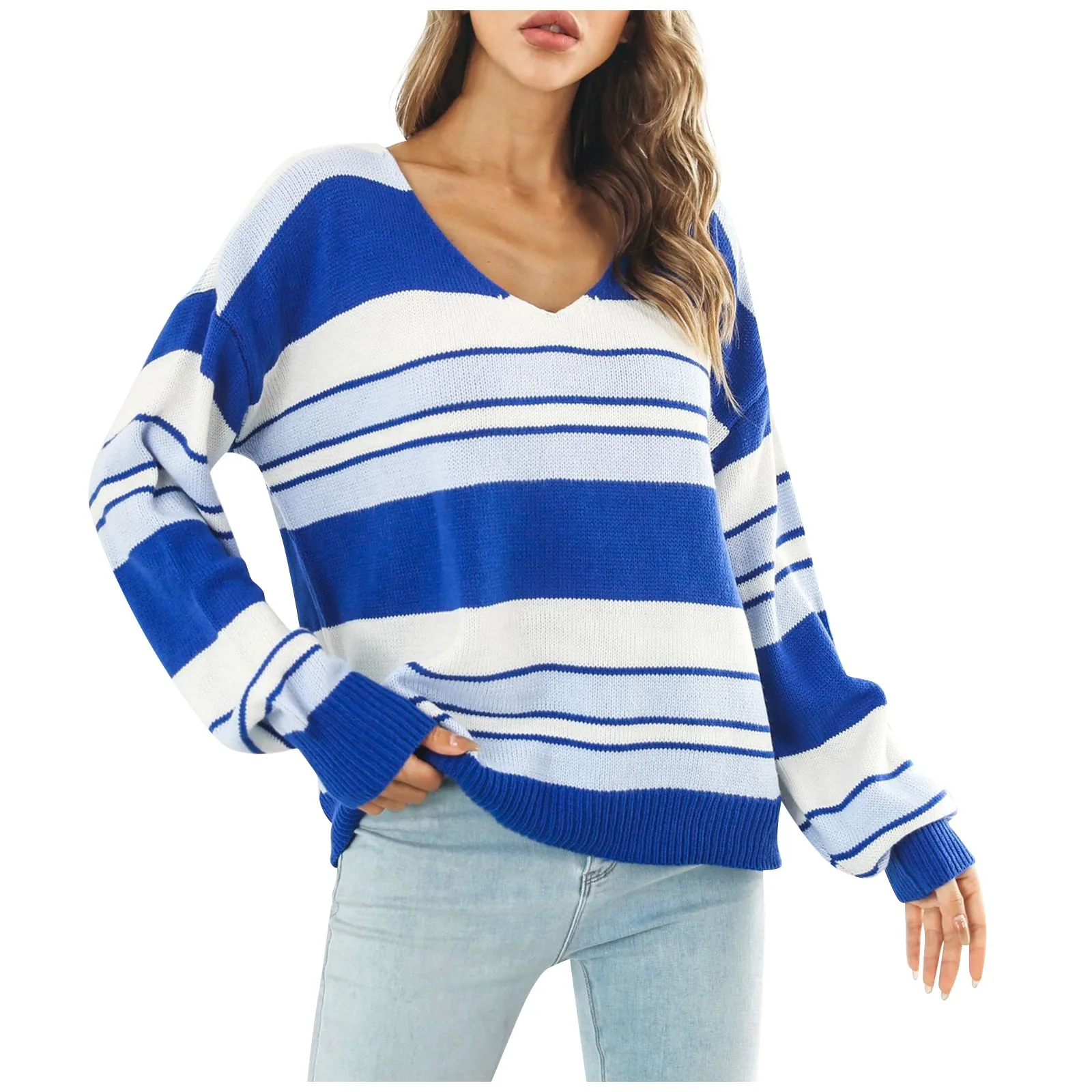 

Women's Fashion Casual Loose Striped V-neck Long Sleeve Pullover Sweater Girl Fashion Knitted Sweater Print Long Sleeve suéteres