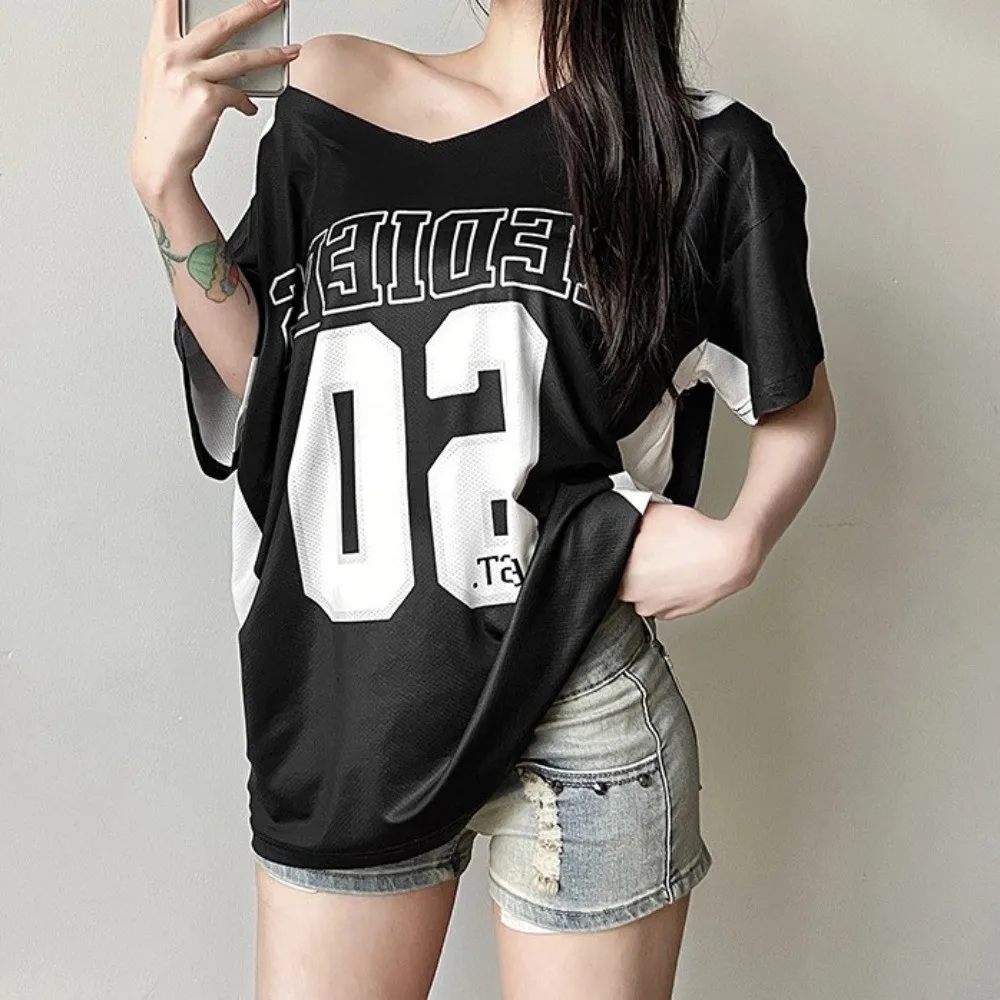 Asymmetry Sporty Casual T-shirt English Letter Atmosphere Style Short Sleeves Top Casual Versatile Harajuku Short Sleeved Party