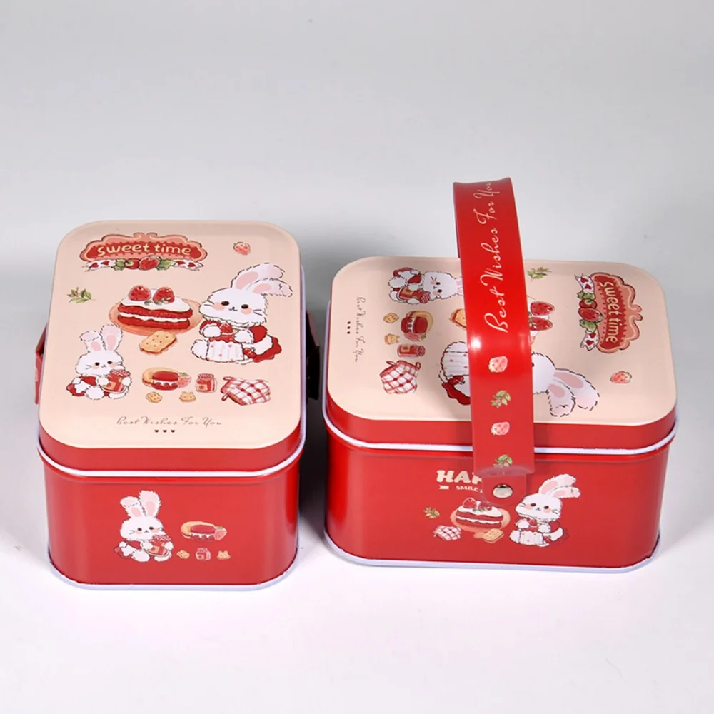 Quadratische Pralinenschachtel mit tragbarem Griff, handbemalte Kaninchen-Blechbox, Keksschmuck, Geschenkverpackung für Hochzeit, Ostern, Party – Detail 5