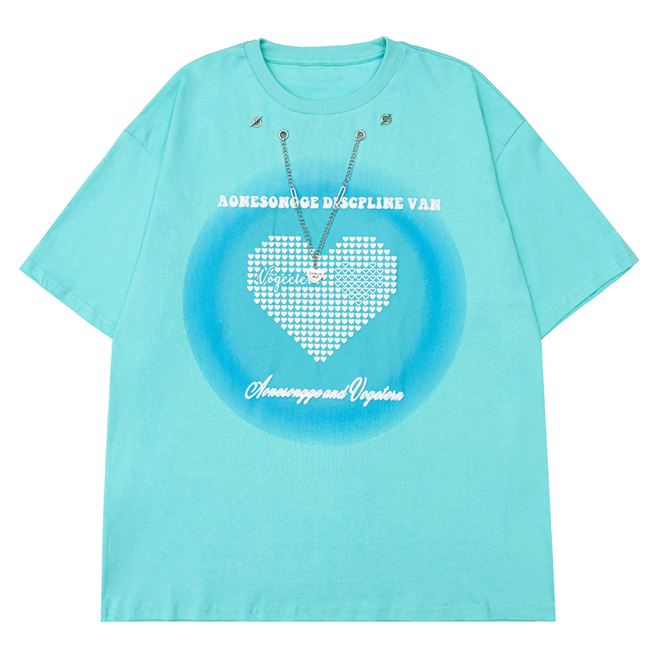 

LACIBLE Fashion Heart Foam Graphic Tee with Chain Harajuku Casual Loose Short Sleeve Top Men Women T Shirt Summer Streetwear