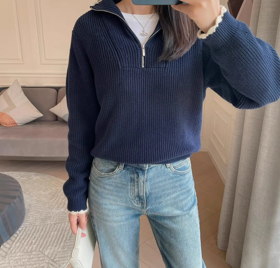 

Original Boutique Navy Blue Zip Wool Knitted Jumper Size S M L