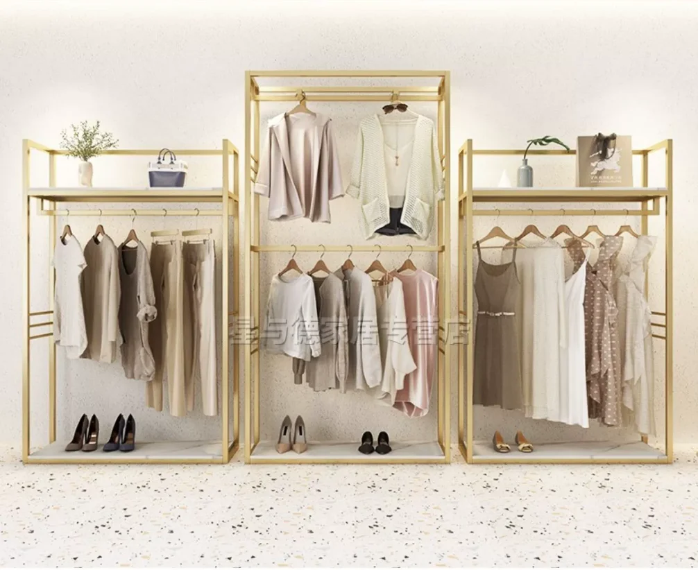 Clothing store shelves, floor standing women's clothing display racks, high-end clothes, gold double-layer hangers, floor standi