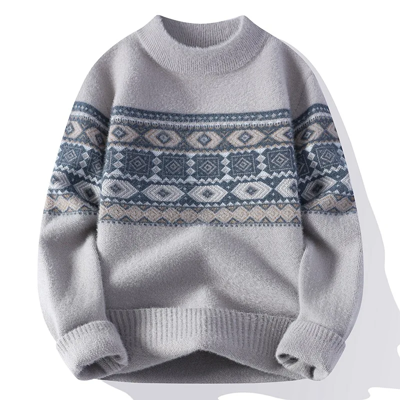 Autumn Winter Men's Fashion Jacquard Knitwear Handsome Warm Sweater Round Neck Long Sleeve Color Matching Loose Bottoming Shirt autumn winter new pure wool sweater women cardigan v neck color matching loose pocket long sleeved warm knitted bottoming shirt