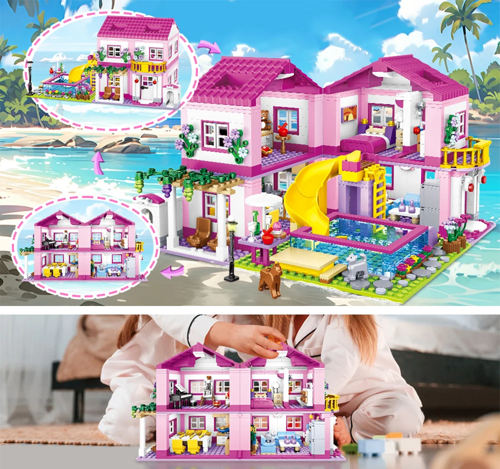 City Street View House Summer Holiday Villa Castle Building Block