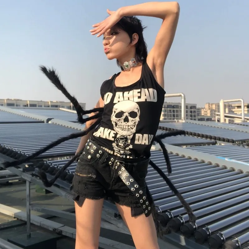 Karrcat Gothic Skull Tank Tops Punk Style Grunge Camisole Japanese