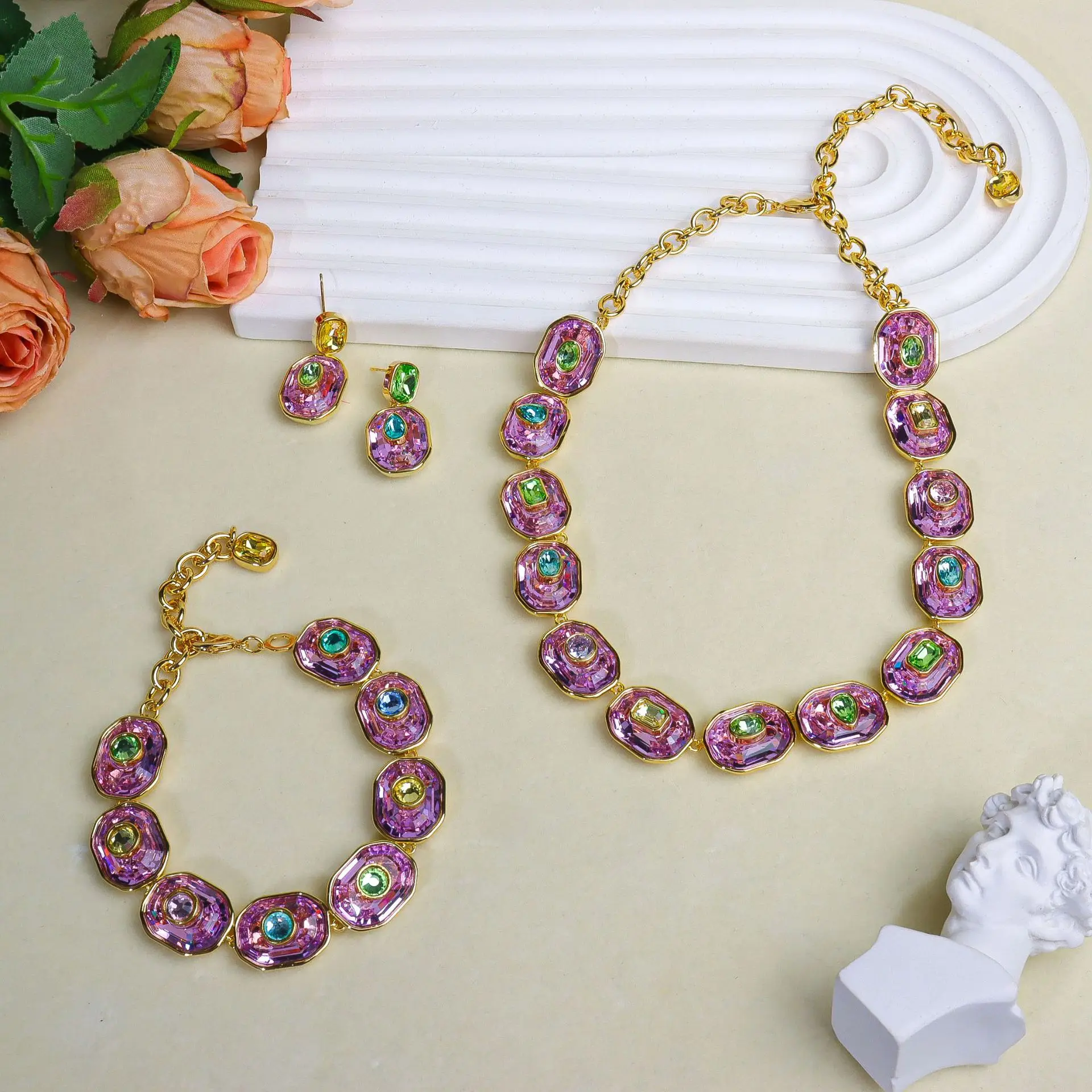 Women's Natural Crystal Powder Green Double-Sided Geometric Square Colorful Zircon Long Necklace, Earrings, and Bracelet Set 5
