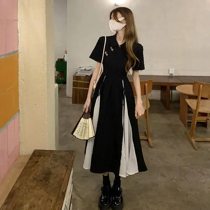 

Vintage Design 2023 Summer Dress Sweet Women's Chic Fashion Loose Japanese Style Short Sleeved Medium Length Skirt A-line Skirt