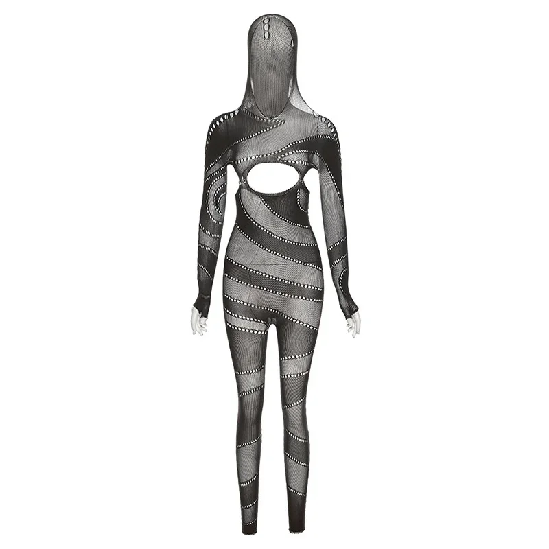 Cut Out Hooded One Piece Jumpsuits For Women 2023 Elegant Sexy See Through Skinny Knitted Ins Romper Pants Overalls