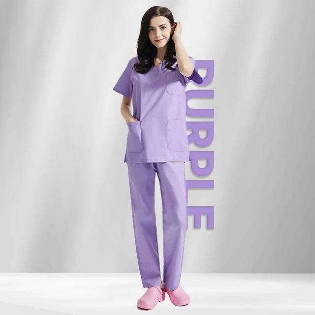 High Quality V-neck Scrub Tops Beauty Salon Nursing Elastic Waist Pants Unisex Breathable Surgery Uniform Medical Accessories Purple
