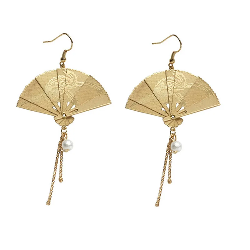 

Chinese style Folding fan modeling Hanging Dangle Women's Earrings Fashion Simple Prevent Allergy Ear hook exquisite 2019 New