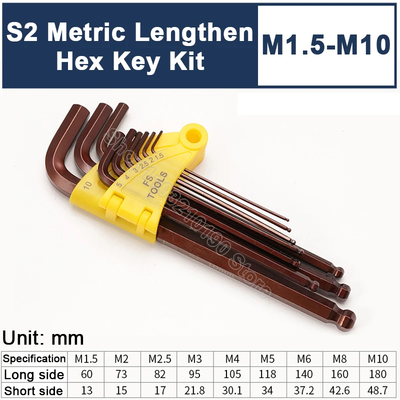 9Pcs/set Lengthen Hexagon Hex Key Magnetic Ball End S2 Steel With L Type Allen Wrench Ball Torx Star Head Spanner Kit M1.5-M10