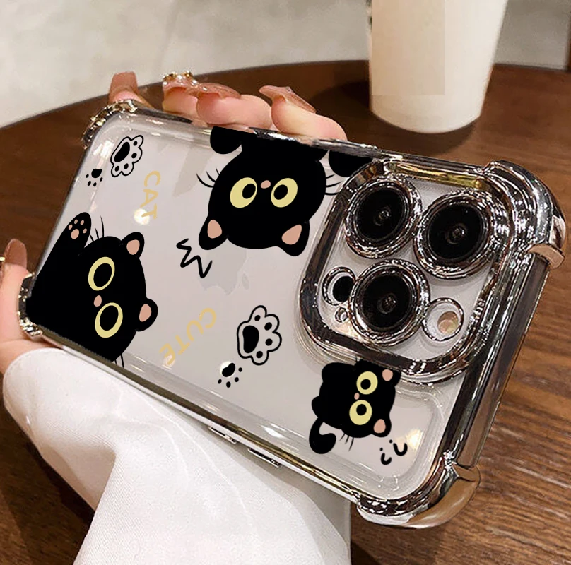 Fashion Plating Cartoon Black Cat Clear TPU Anti-Fall Phone Case