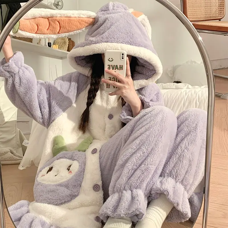 Coral Velvet Night-Robe Women Fleece-lined Thickened Autumn Winter Warm Cartoon Hooded Nightclothes Suit Female Flannel Homewear