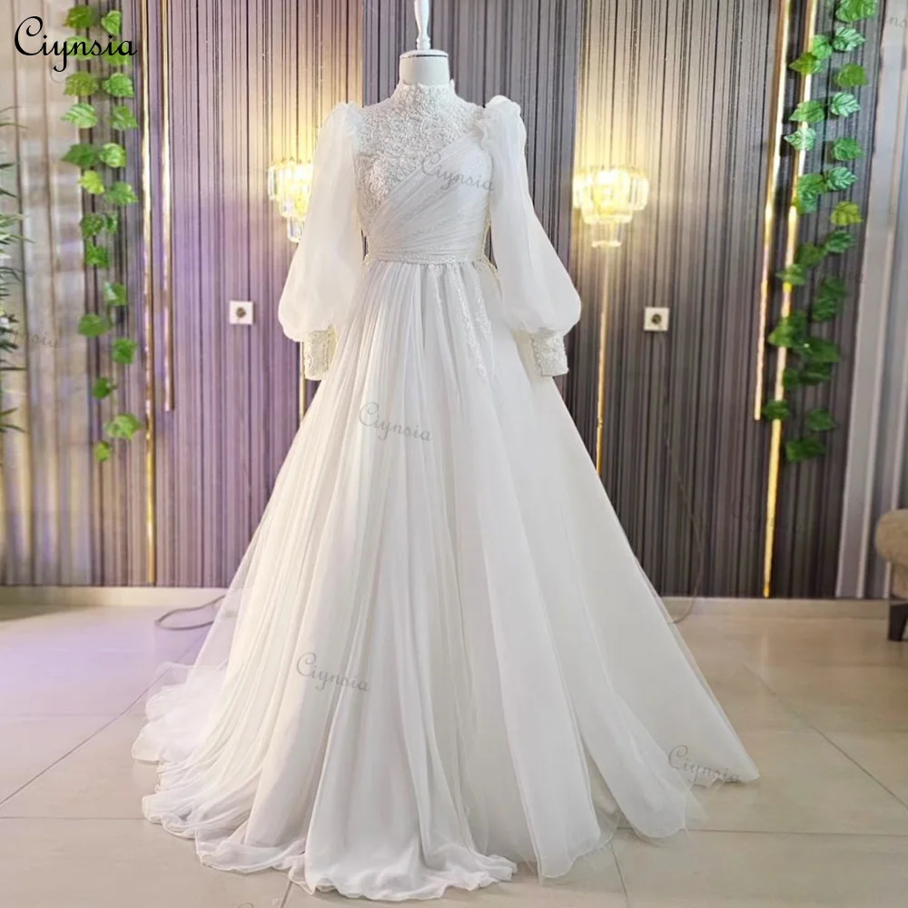 

Ciynsia Romantic Muslim Wedding Dresses for Bride 2023 Robe De Mariée Princesse A-Line Beaded Lace Bridal Gowns with Sleeves