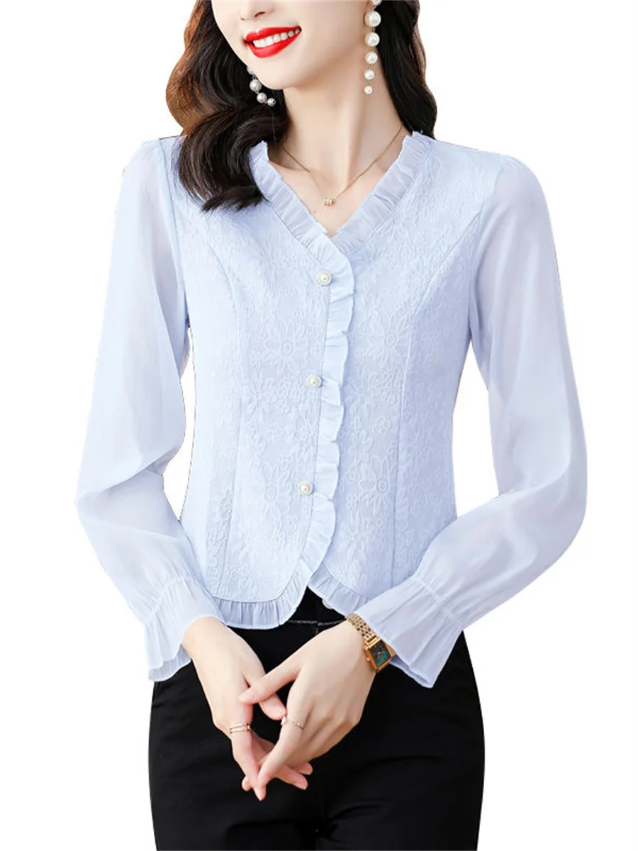 Woman Spring Autumn Style Blouses Shirts Lady Casual Long Sleeve V-Neck Solid Color Blusas Tops DF4615
