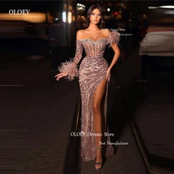 OLOEY Luxury Feathers Glitter Sequin Lace Mermaid Evening Dresses Split One Shoulder Long Sleeve Dubai Arabic Women Prom Gowns