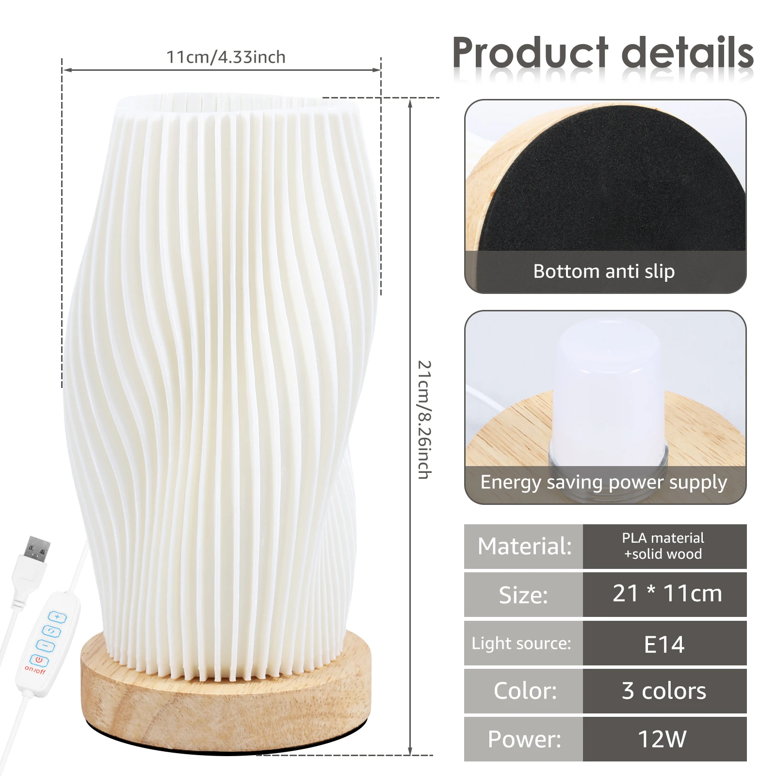 Novelty Bedside Lamp with Woodbase - Button Control Table Lamp for Bedroom Dimmable Nightstand Lamp with PLA Lampshade
