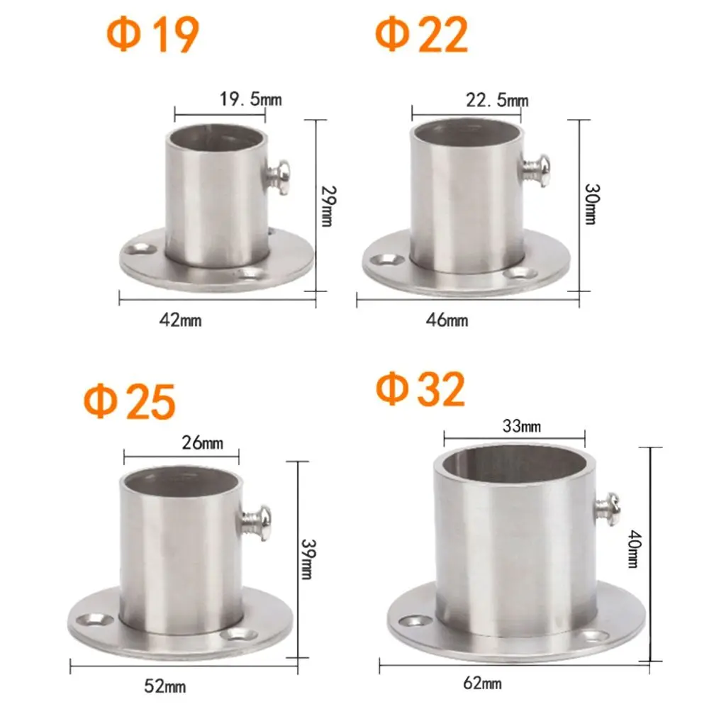 1Pc 19mm-32mm Round Furniture Hardware with Cover Stainless Steel Closet Flange Rod Holder Hang Rod Support Tube Bracket wardrobe bracket