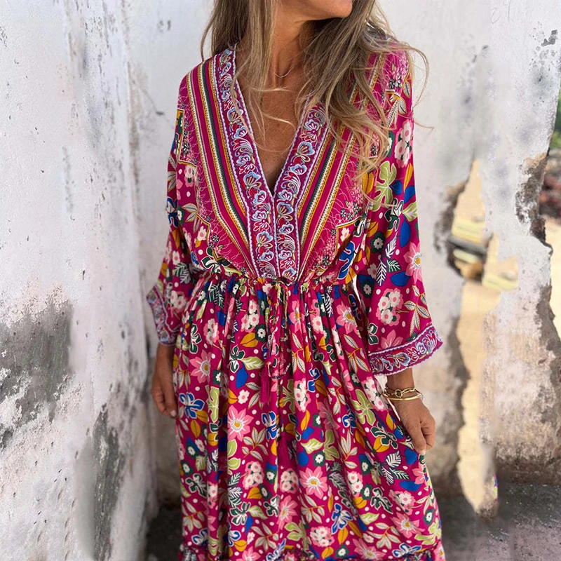 

Fashion Floral Print Waist Pleated Beach Dress New Spring Long Sleeved Bandage Backless Dresses Women's Clothing Bohemian Dress