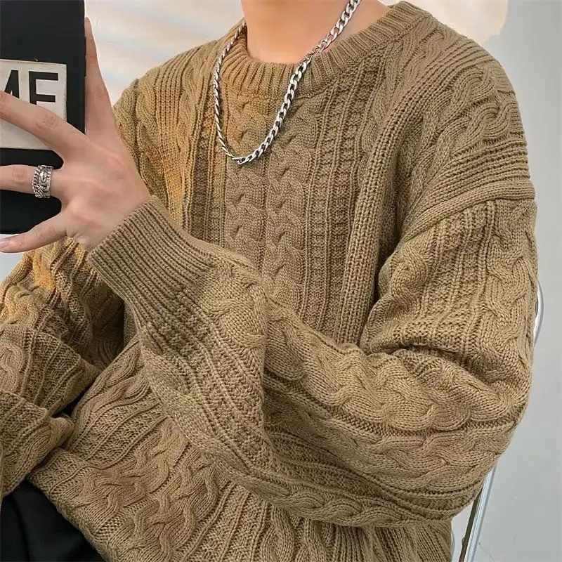 

Fried Dough Twists Sweater Men Clothes Loose Ins Spring and Autumn Retro Simple Solid Color Fashion Casual Knits Round Neck Top