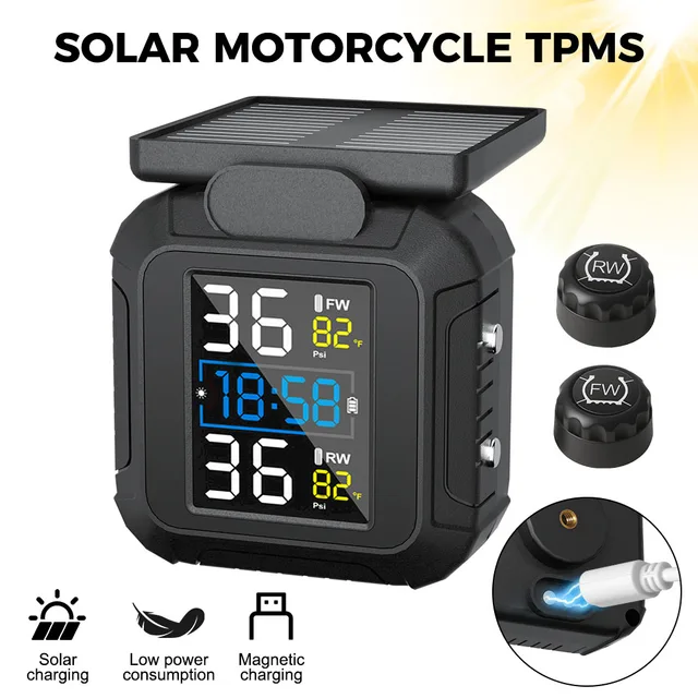 MT20 With Clock Motorcycle TPMS 2 Tyre Sensors Tire Pressure Monitoring System USB Solar Power Temperature Tester Alarm Digital