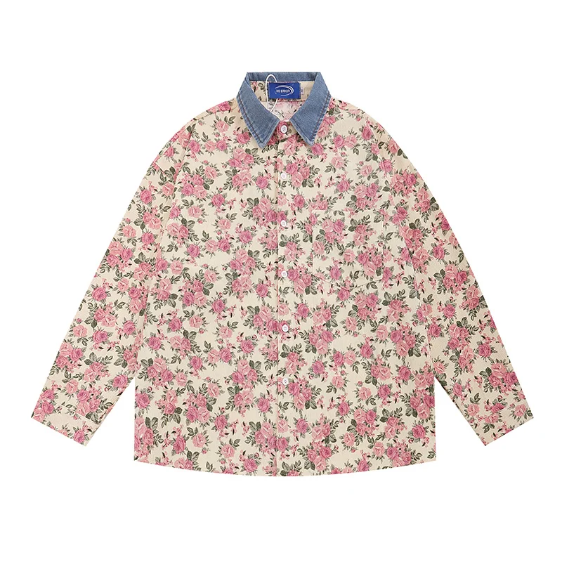 

Men's Hong Kong Style Retro Chic Floral Corduroy Shirts Spring Autumn Lapel Long-sleeved Loose Casual Shirt Jacket Male Clothing
