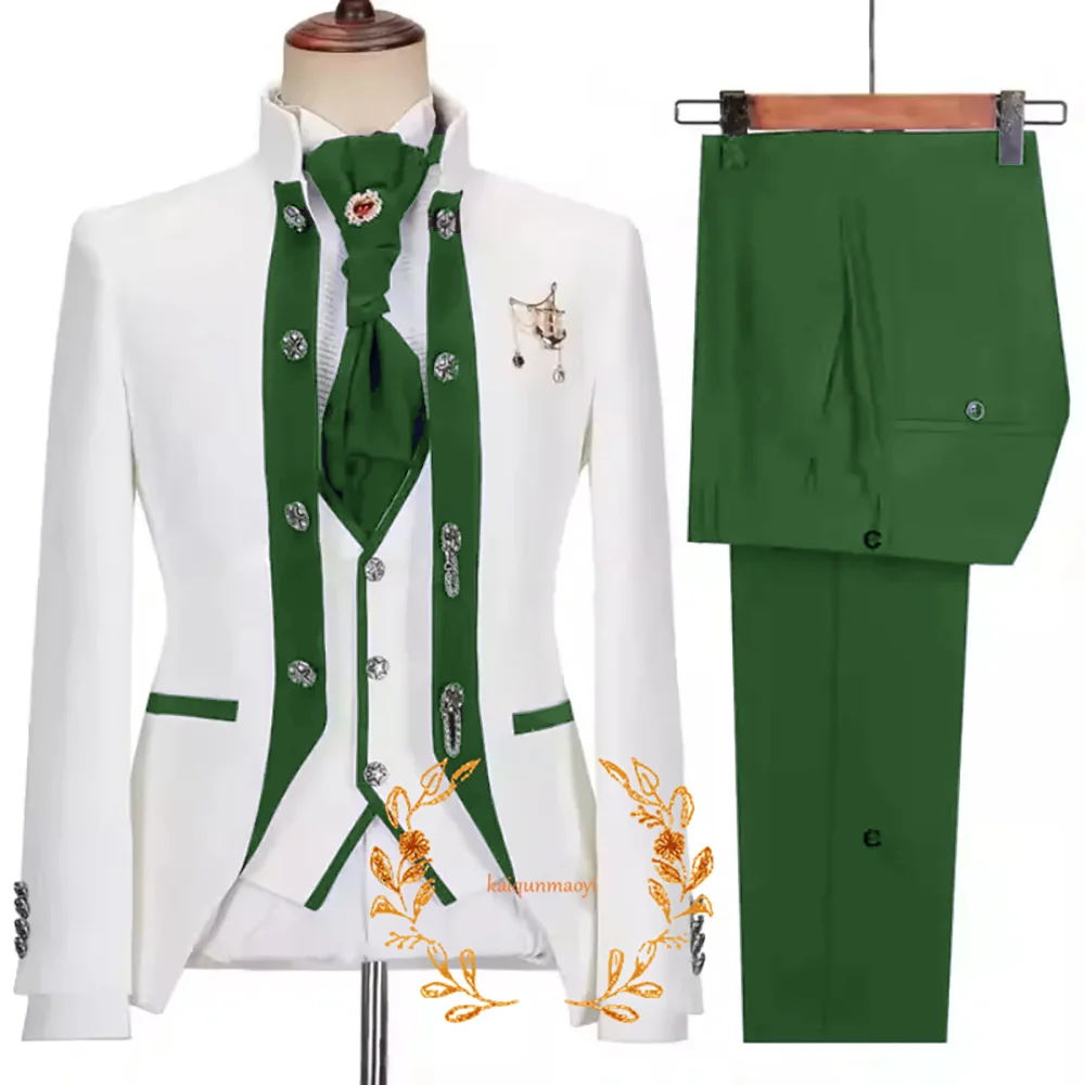 Elegant 3-piece Men's Suit White Jacquard Jacket Trousers and Vest Three-piece Set Formal Wedding Groom's Tuxedo 5
