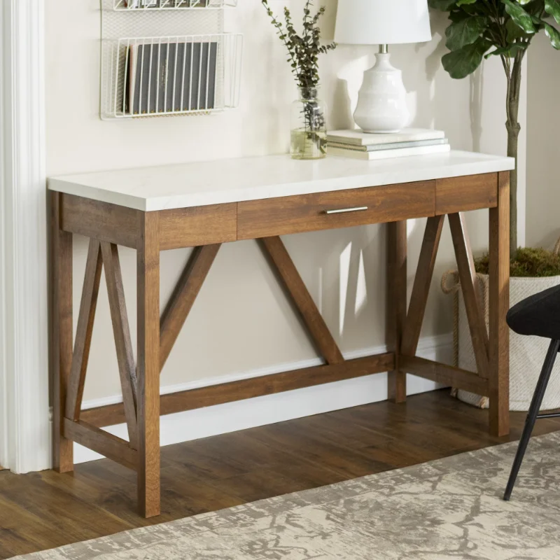 Rustic Farmhouse Computer Writing Desk with Drawer, Natural Walnut/White Marble