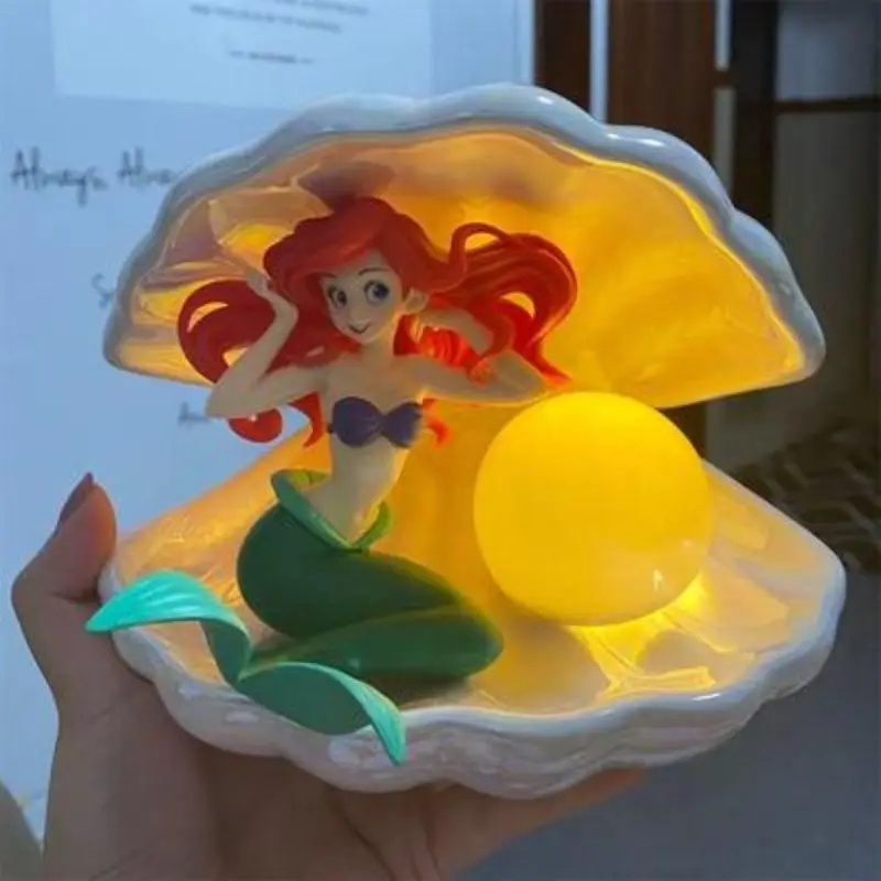 Disney Princess The Little Mermaid Ariel Pearl Shell Lamp Pvc Action Figures Model Car Cake Decorations Dolls Toys