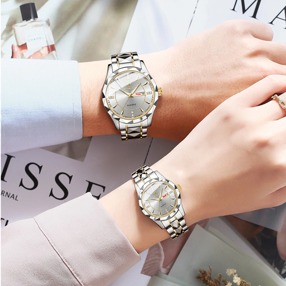 BINBOND Fashion Business Paired Hours Luxury Quartz Watch for Men and Women Date Week Display Luminous Couple Watches for Lovers