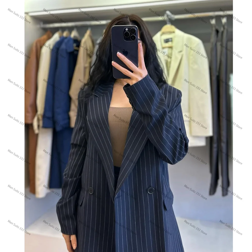 Double Breasted Navy Blue Stripe Suits for Women Tailor Business Office 2 Piece Jacket Pants Sets Blazer Luxury Female Clothing 2