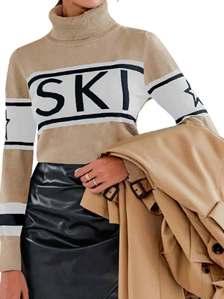 Harajuku Autumn/Winter Warm New Jacquard Knitted Letter Star Stripe Fashion High Collar Slimming Women's Sweater 2