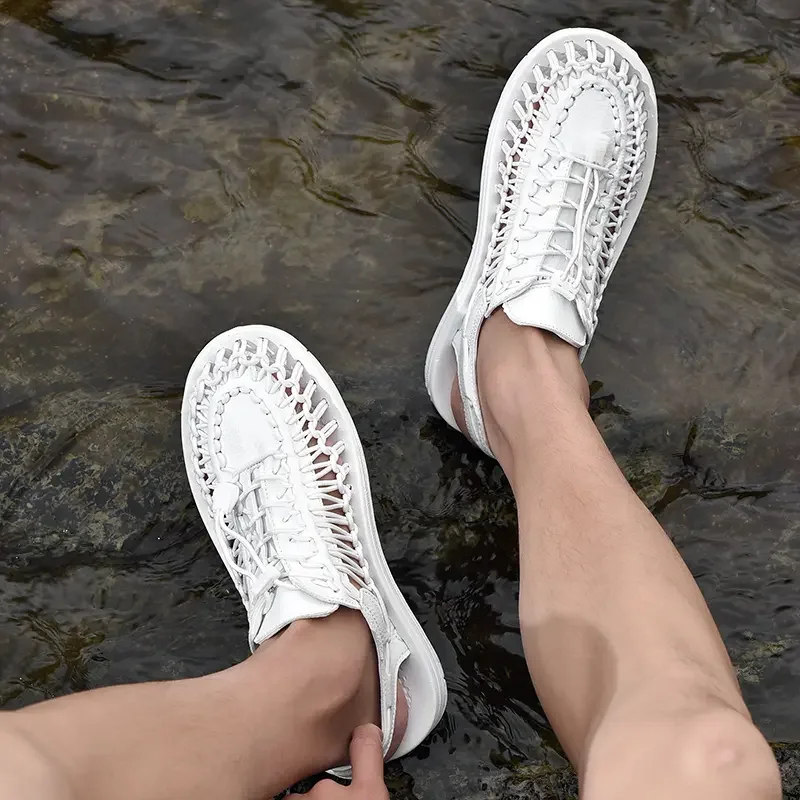 2024 New Leisure Men's Spring/Summer Knitted Sandals Fashionable and Trendy Beach Shoes with A Headband and One Step Lazy Shoes