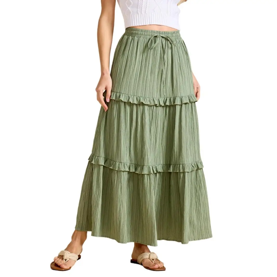 Women Elastic Waist Lace Up A Line Summer Skirt