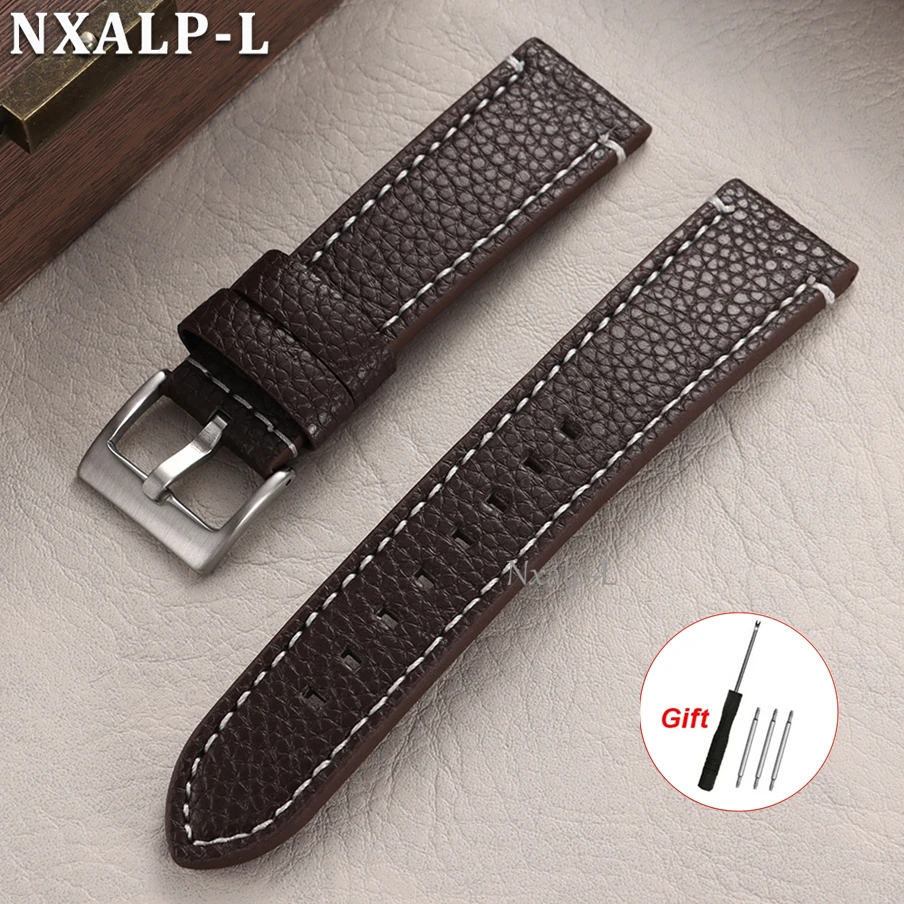 Lychee Pattern Genuine Leather Watch Band with Stitching and Metal Buckle