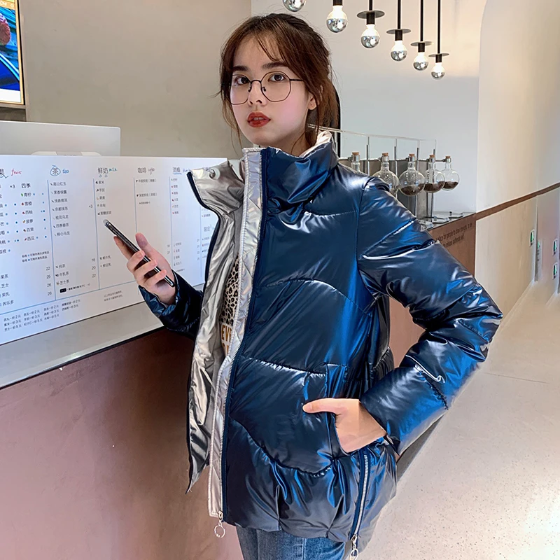 2024 Winter Trend Glossy Thickened Short Jacket Korean Style Loose Stand-up Collar Cotton Jacket BF Long Sleeve Women's Clothing