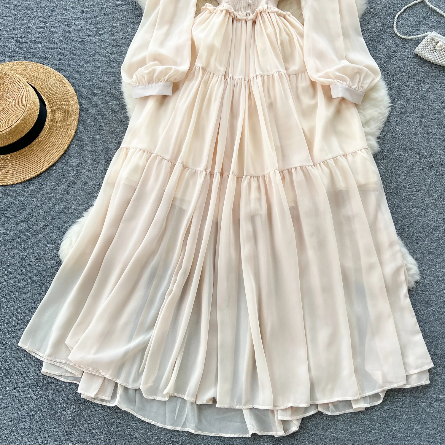 Vintage Chiffon Long Dress Women Elegant V-neck Long Sleeved Casual Dresses French Pleated Slim A-line Long Robe Vestidos
