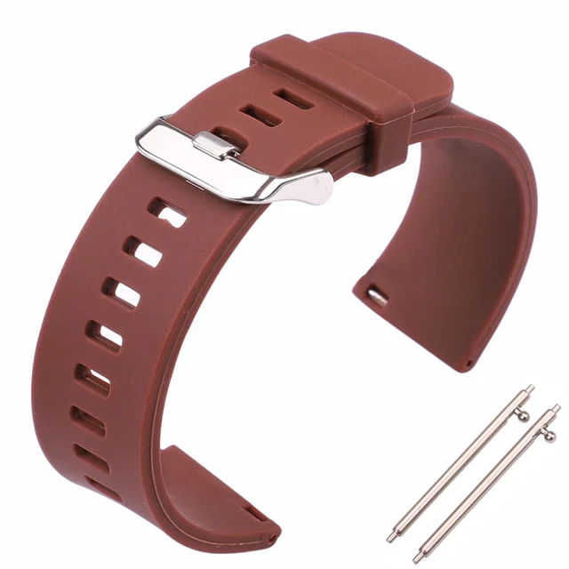 HENGRC 5 Colors Silicone Rubber Watchband 18mm 20mm 22mm Women Men Watch Band Strap Waterproof Sports Watch Belt Polished Buckle Brown