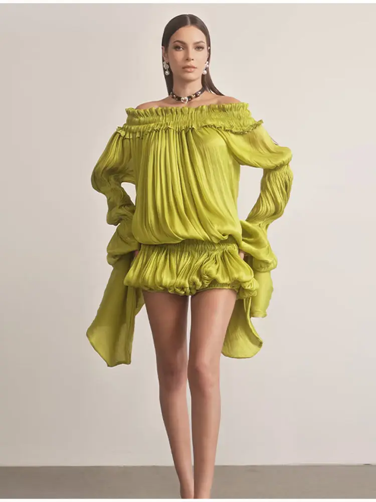 Olivgrünes schulterfreies Satinkleid für Damen, gerüscht, langärmlig, asymmetrischer Saum, sexy Club-Party-Sommerurlaub-Minikleid – Detail 8
