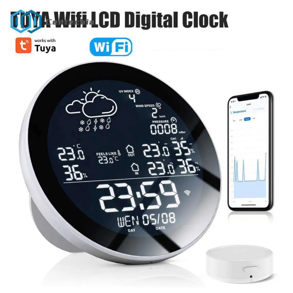 

Tuya Wifi Smart Weather Station with Clock Temperature and Humidity Meter Large Weather Clock Temp Humidity Gauge with 3 Sensor