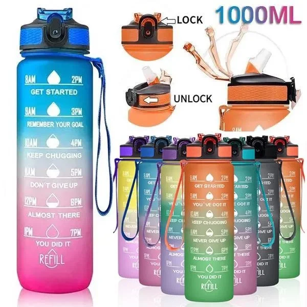 1L Leakproof Motivational Sports Water Bottle with Straw and Time Marker