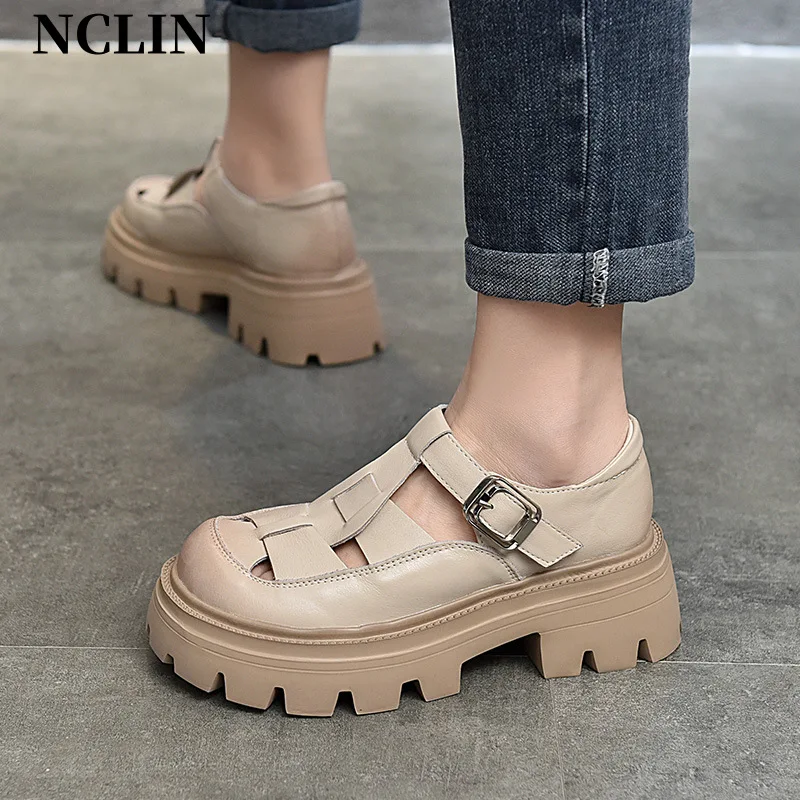 

Summer Women Sandals Round Toe Chunky Heel Cover Heel Platform Shoes Genunine Leather High Heel GLADIATOR Sandals Women Handmade
