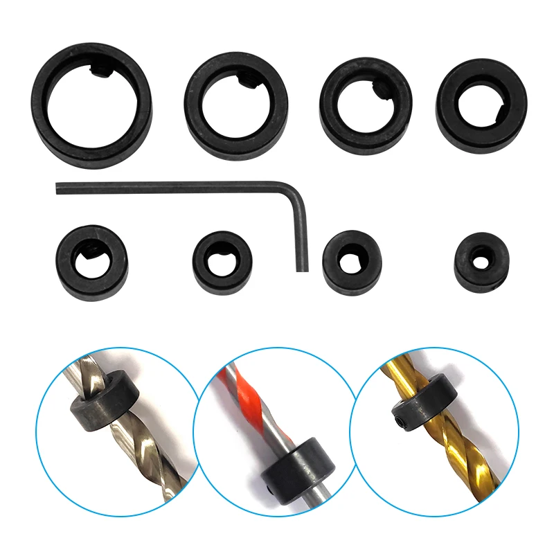 Drill bit set 8pc silver drill bit limit ring mini wrench positioning ring round woodworking screw clamp drill bit adjustment tool set
